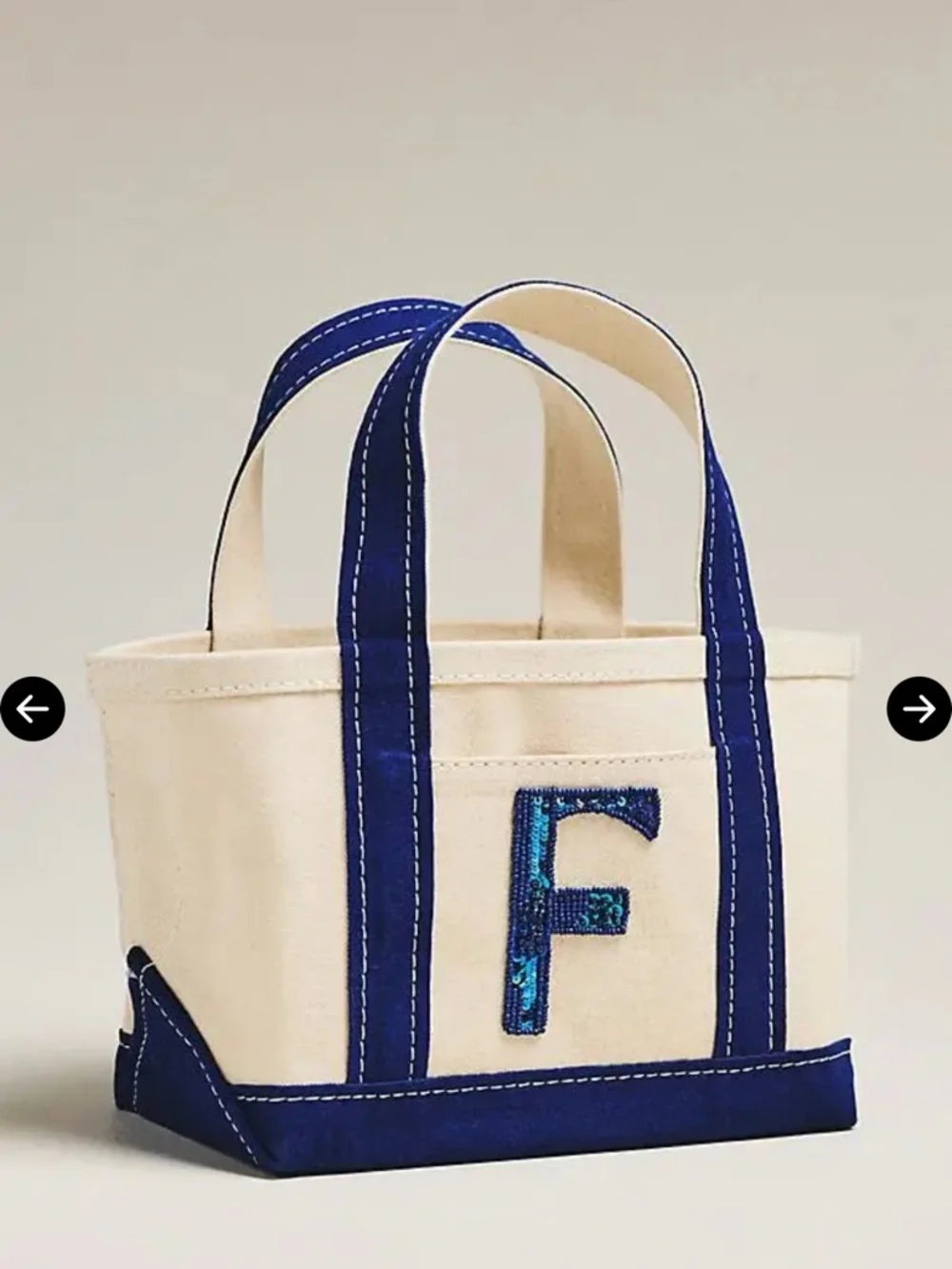 NWT Anthropologie Cream Canvas Baby Tote with Navy Handles and Sequin Initial F